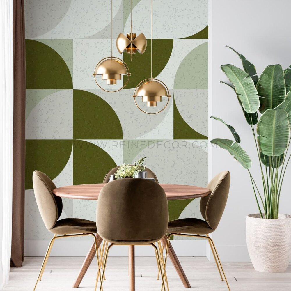 Geometric Rounded Corner Squares Wallpaper in Green | Modern Abstract Wall Art |